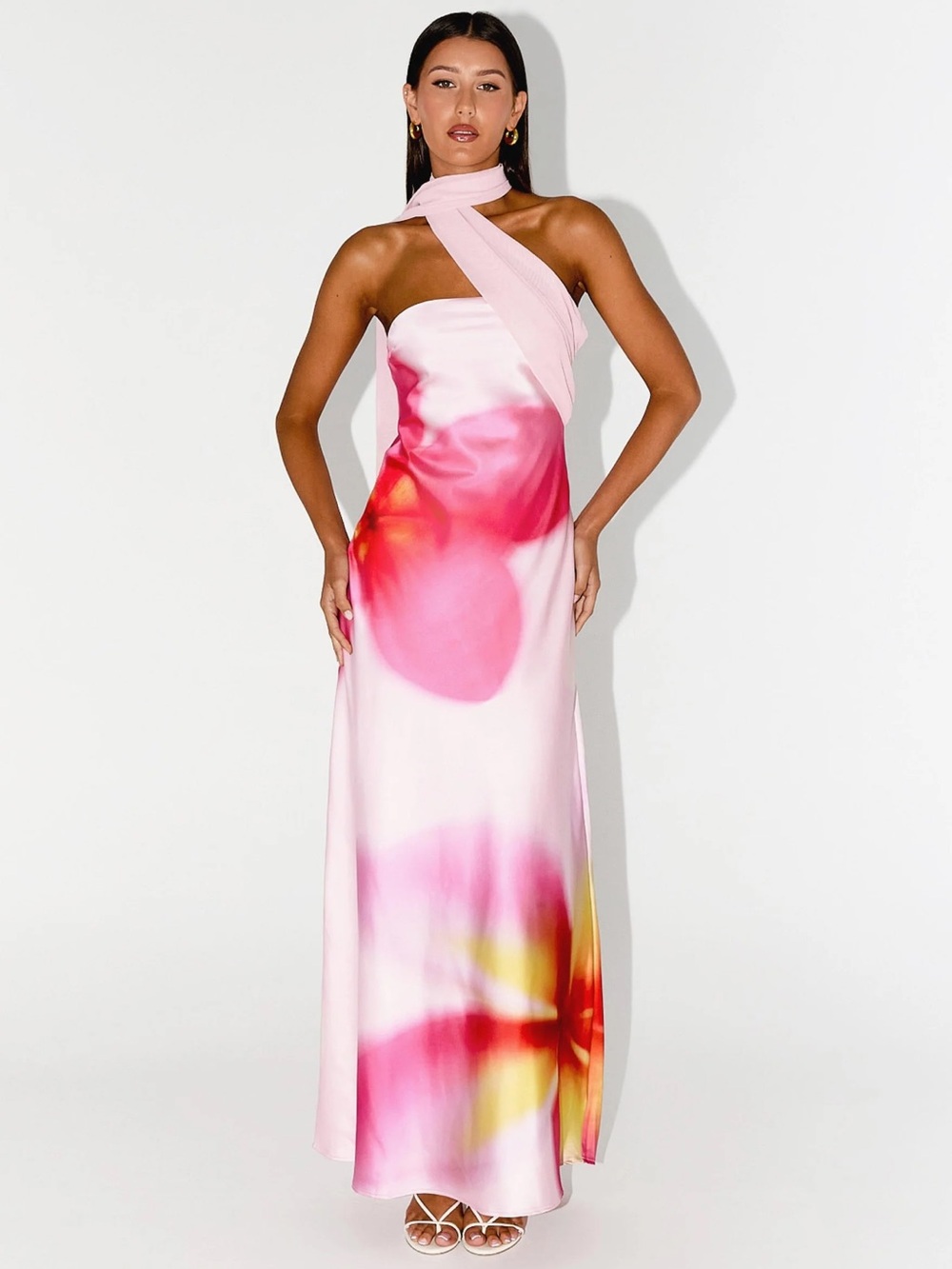 Peppermayo long pink floral satin maxi dress with scarf detail - Picture 3 of 4